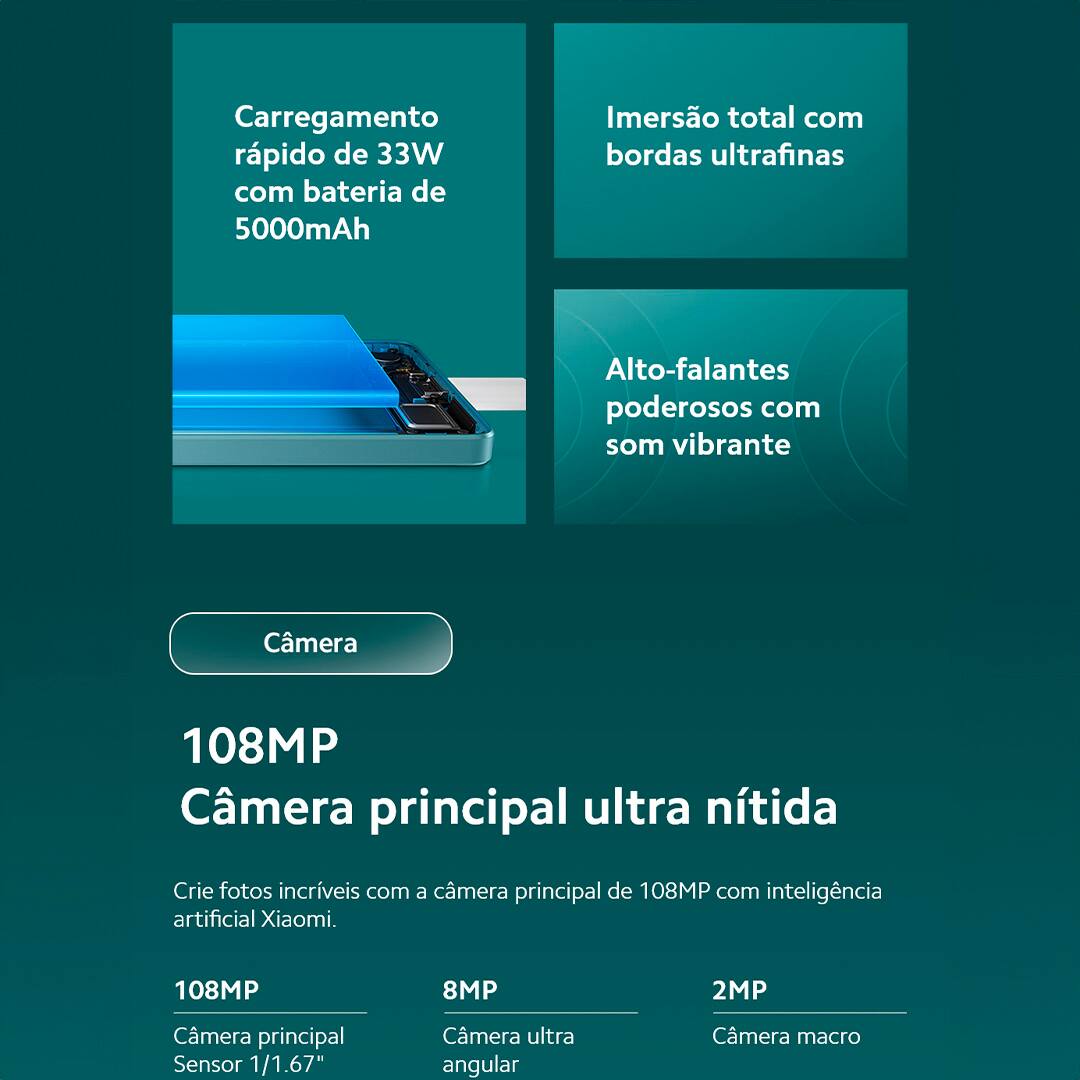 Descubra a Inovação e o Estilo com o Xiaomi Redmi Note 13 5G Azul – sua nova dimensão de tecnologia. O mundo da tecnologia móvel nunca mais será o mesmo com a chegada do revolucionário Xiaomi Redmi Note 13 5G na cor azul. Projetado para aqueles que não se contentam com o básico e buscam sempre mais em performance, design e inovação. Com 256GB de armazenamento, prepare-se para mergulhar em uma experiência sem limites, onde suas memórias, jogos e aplicativos coexistem sem comprometer a velocidade ou a eficiência. O Xiaomi Redmi Note 13 conta com processador octa-core, tela de 6.67" e 8GB RAM, tudo isso para você desfrutar de inovação e rapidez. Escolha o Xiaomi Redmi Note 13 5G Azul e eleve sua experiência móvel a um patamar nunca antes imaginado.