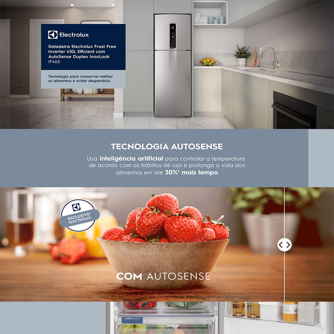 Tecnologia AutoSense: inteligência que conserva A Geladeira IF46S Frost Free Inverter Efficient oferece uma conservação inteligente dos alimentos. Graças à tecnologia AutoSense, o refrigerador ajusta automaticamente a temperatura interna utilizando inteligência artificial, garantindo que os alimentos durem até 30% mais. Ideal para quem busca praticidade e eficiência no dia a dia.