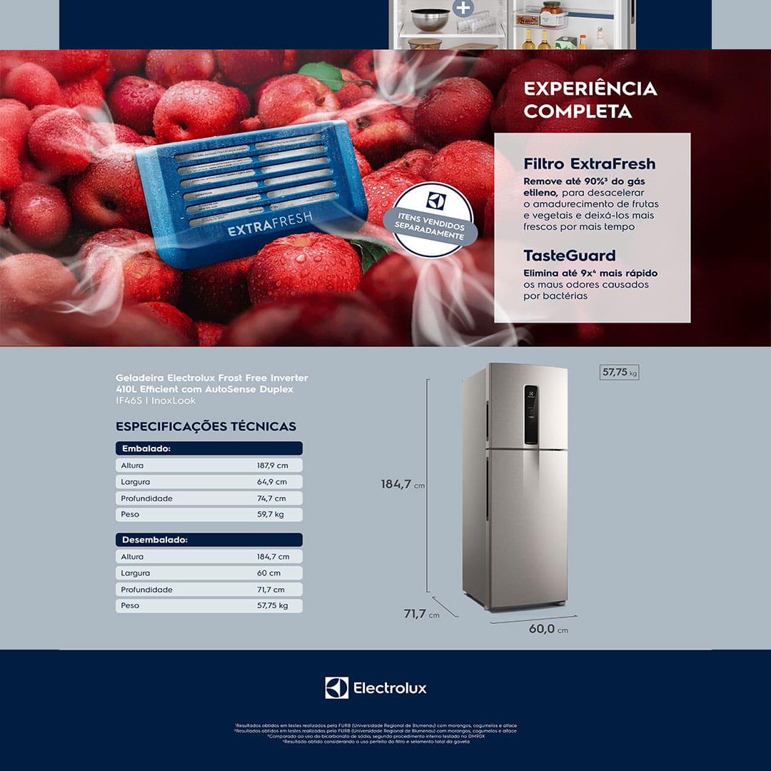 Tecnologia AutoSense: inteligência que conserva A Geladeira IF46S Frost Free Inverter Efficient oferece uma conservação inteligente dos alimentos. Graças à tecnologia AutoSense, o refrigerador ajusta automaticamente a temperatura interna utilizando inteligência artificial, garantindo que os alimentos durem até 30% mais. Ideal para quem busca praticidade e eficiência no dia a dia.