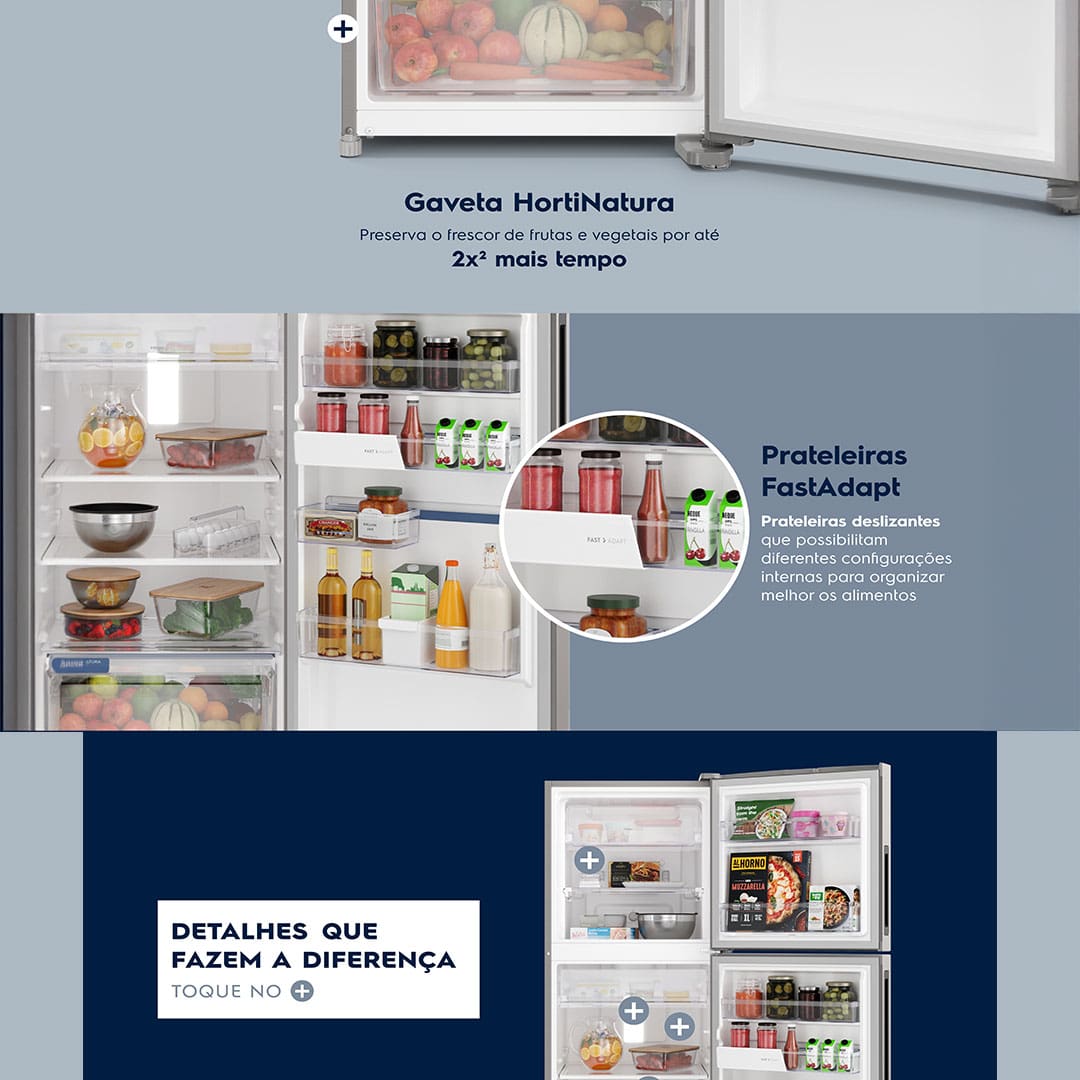 Tecnologia AutoSense: inteligência que conserva A Geladeira IF46S Frost Free Inverter Efficient oferece uma conservação inteligente dos alimentos. Graças à tecnologia AutoSense, o refrigerador ajusta automaticamente a temperatura interna utilizando inteligência artificial, garantindo que os alimentos durem até 30% mais. Ideal para quem busca praticidade e eficiência no dia a dia.