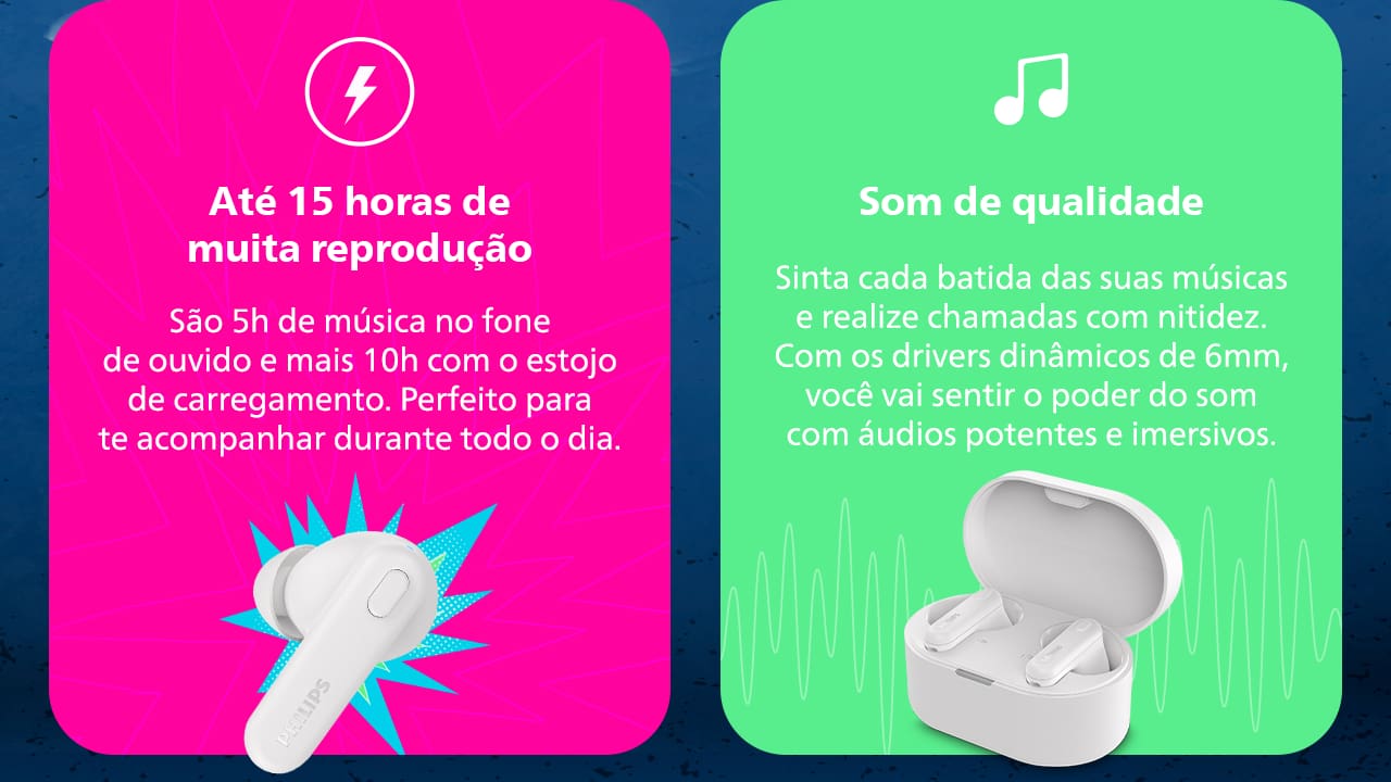Qualidade de som superior Com um design personalizado e drivers dinâmicos de 6mm, estes fones de ouvido proporcionam uma qualidade de áudio verdadeiramente imersiva. Os drivers de alta potência melhoram a dinâmica e a profundidade dos graves para uma experiência de áudio superior, possibilitando com que você desfrute das suas músicas como nunca.
