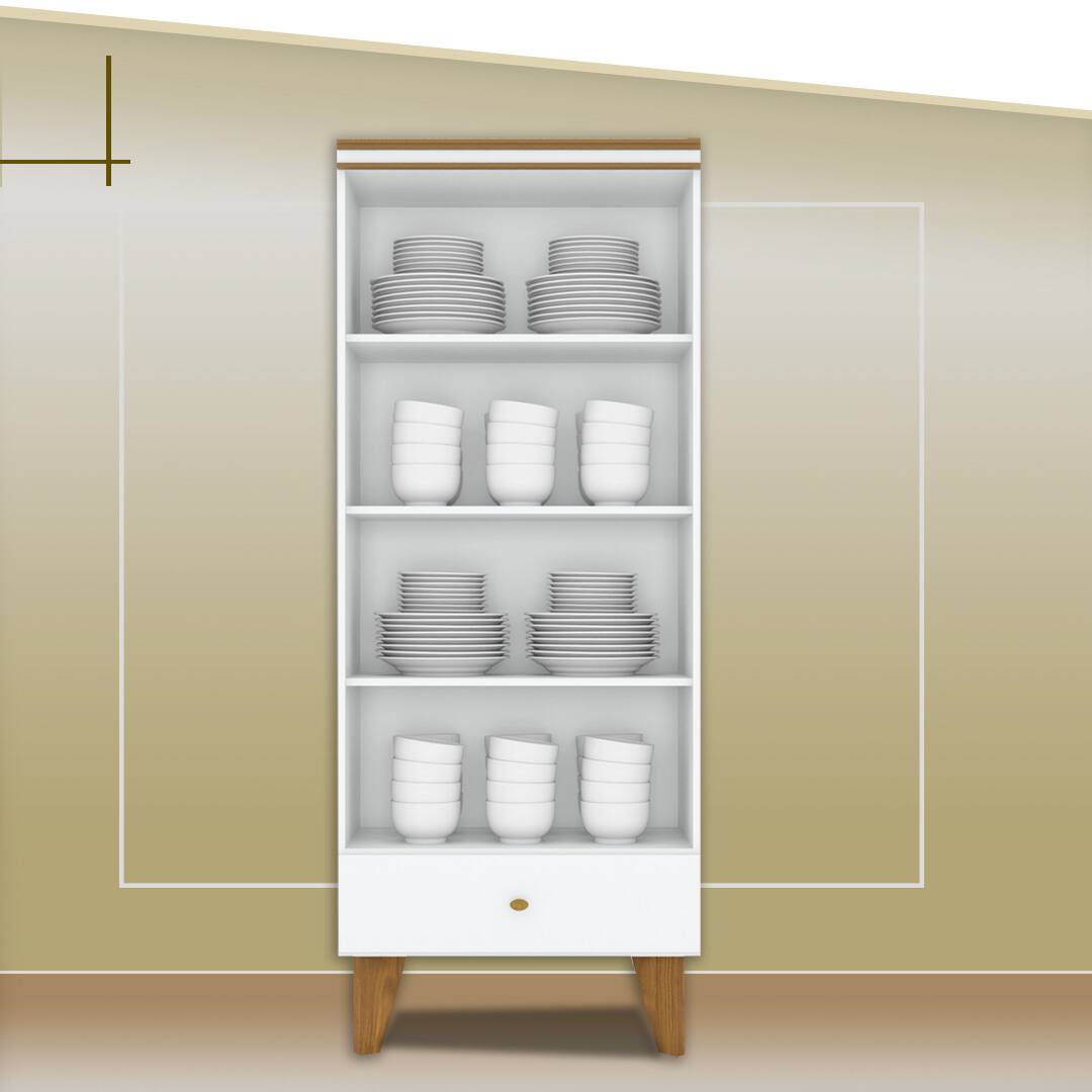 Cristaleira Henn branca marrom dois pés quatro prateleiras compartimentos sem porta portas aberto exposto parte interna visível potes pratos brancos guardados fundo arte ilustração bege laranja