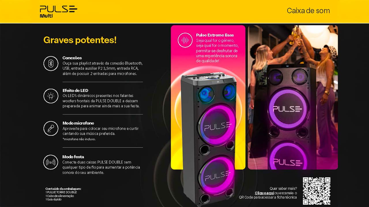 A Caixa de Som Double SP508 é a solução ideal para quem quer curtir suas músicas favoritas com um som potente e de alta qualidade. Com 2300w de potência total, ela é capaz de preencher qualquer ambiente com seu som envolvente. A caixa conta com dois alto-falantes de 12 polegadas, que garantem um som claro e definido, mesmo em volumes altos. Além disso, a iluminação LED cria um ambiente ainda mais animado para suas festas