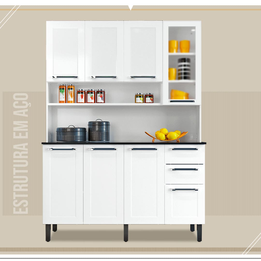 estrutura em aço balcão branco vidro incolor conteúdo interno interior parte de dentro à mostra potes copos xícaras utensílios domésticos temperos puxadores metalizados cinza frutas bancada tampo preto p´és pretos