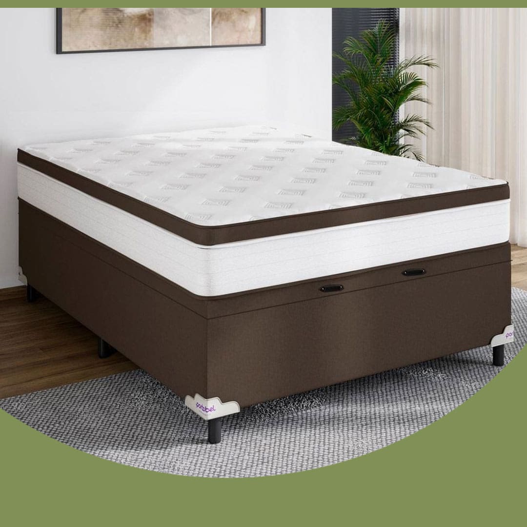 Cama Box de Casal Portobel Noah Ortopédico Baú Molas Ensacadas EPS Revestimento em Poliéster 70x138x188cm Branco/Marrom