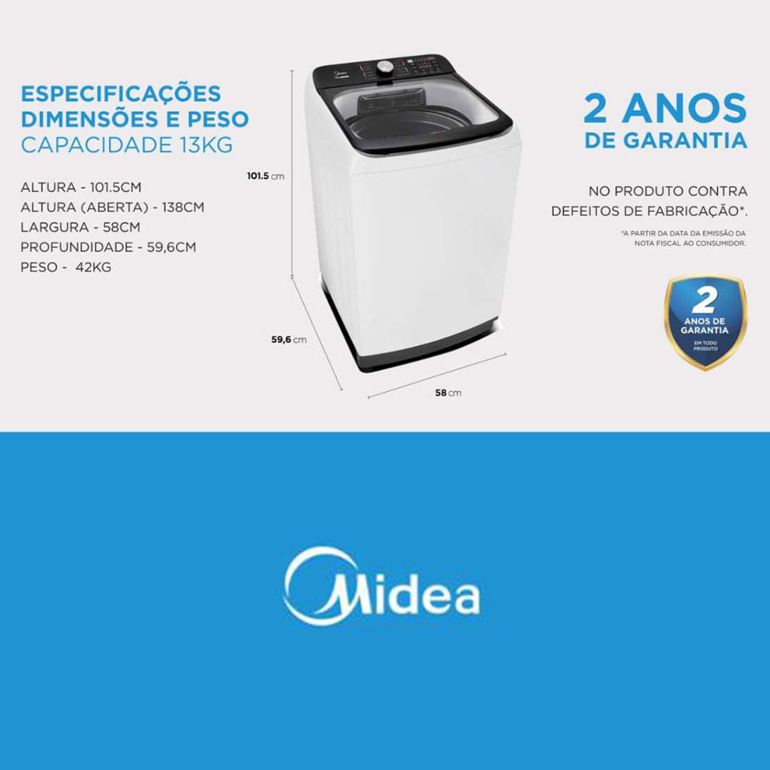 Sustentabilidade e economia de água A Lavadora de Roupas Midea Wave Agitator 13kg MA512W130A é a escolha ideal para quem busca eficiência no dia a dia e se preocupa com a preservação ambiental. Com o menor consumo de água da categoria, ela garante um desempenho poderoso sem desperdiçar recursos naturais, tornando-se uma opção econômica e sustentável para o seu lar. Assim, você lava suas roupas com total confiança, sabendo que está fazendo sua parte para o meio ambiente.