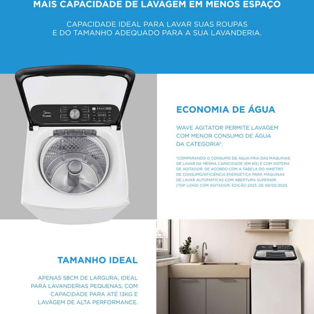 Sustentabilidade e economia de água A Lavadora de Roupas Midea Wave Agitator 13kg MA512W130A é a escolha ideal para quem busca eficiência no dia a dia e se preocupa com a preservação ambiental. Com o menor consumo de água da categoria, ela garante um desempenho poderoso sem desperdiçar recursos naturais, tornando-se uma opção econômica e sustentável para o seu lar. Assim, você lava suas roupas com total confiança, sabendo que está fazendo sua parte para o meio ambiente.