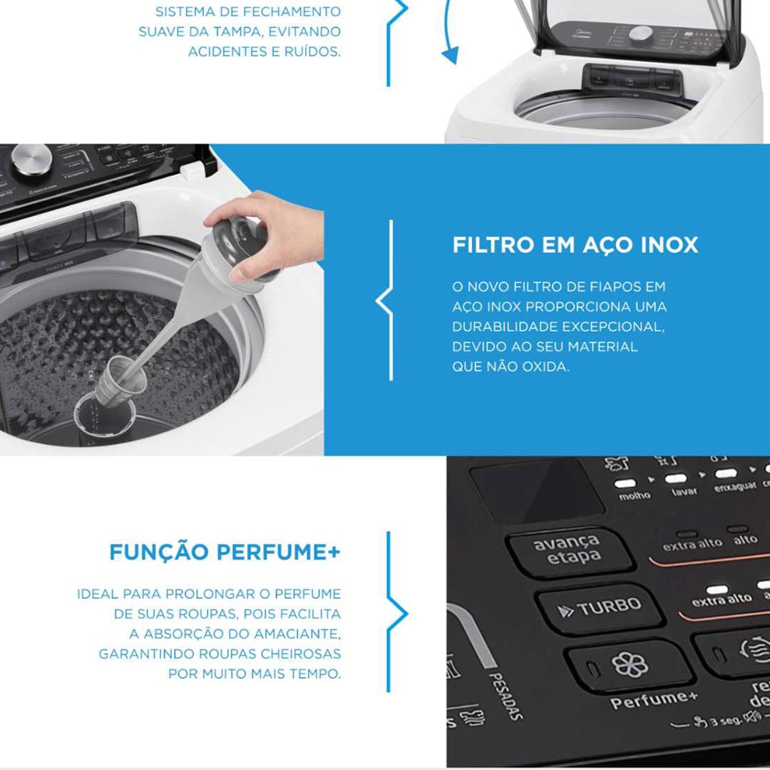 Sustentabilidade e economia de água A Lavadora de Roupas Midea Wave Agitator 13kg MA512W130A é a escolha ideal para quem busca eficiência no dia a dia e se preocupa com a preservação ambiental. Com o menor consumo de água da categoria, ela garante um desempenho poderoso sem desperdiçar recursos naturais, tornando-se uma opção econômica e sustentável para o seu lar. Assim, você lava suas roupas com total confiança, sabendo que está fazendo sua parte para o meio ambiente.
