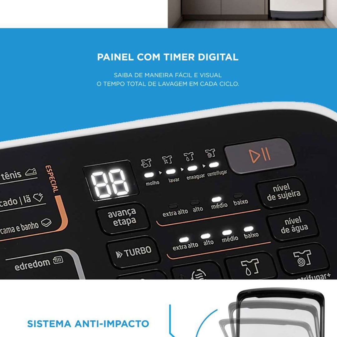Sustentabilidade e economia de água A Lavadora de Roupas Midea Wave Agitator 13kg MA512W130A é a escolha ideal para quem busca eficiência no dia a dia e se preocupa com a preservação ambiental. Com o menor consumo de água da categoria, ela garante um desempenho poderoso sem desperdiçar recursos naturais, tornando-se uma opção econômica e sustentável para o seu lar. Assim, você lava suas roupas com total confiança, sabendo que está fazendo sua parte para o meio ambiente.