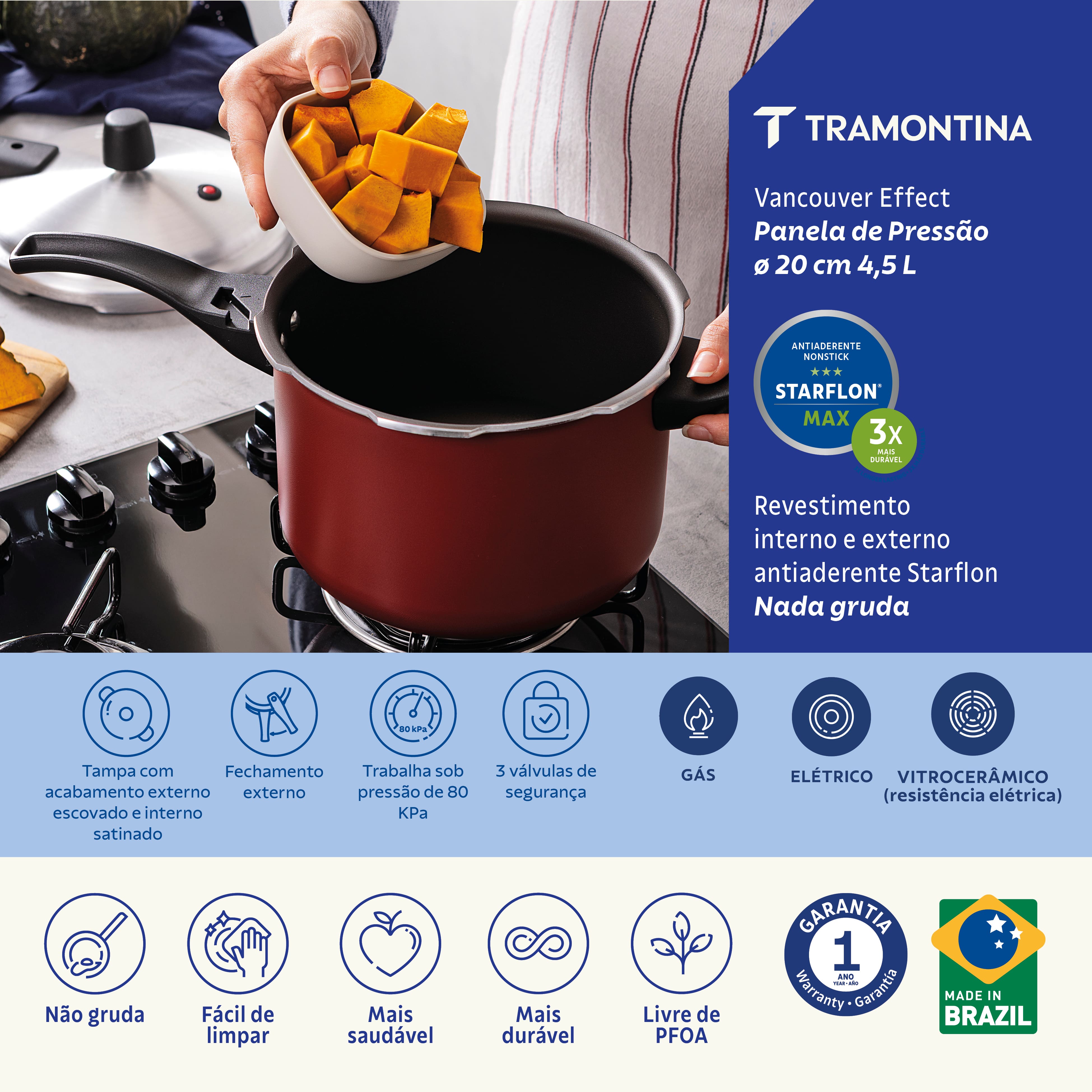 Panela de Pressão Tramontina Vancouver Effect com Revestimento Antiaderente Starflon Vermelha - 4,5 litros