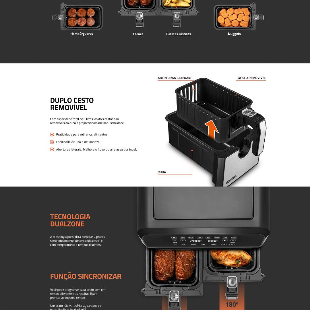 Fritadeira Elétrica Sem Óleo Air Fryer Mondial AFD-01-BI 8L Digital com Cesto Duplo– Preta/Inox - 110V