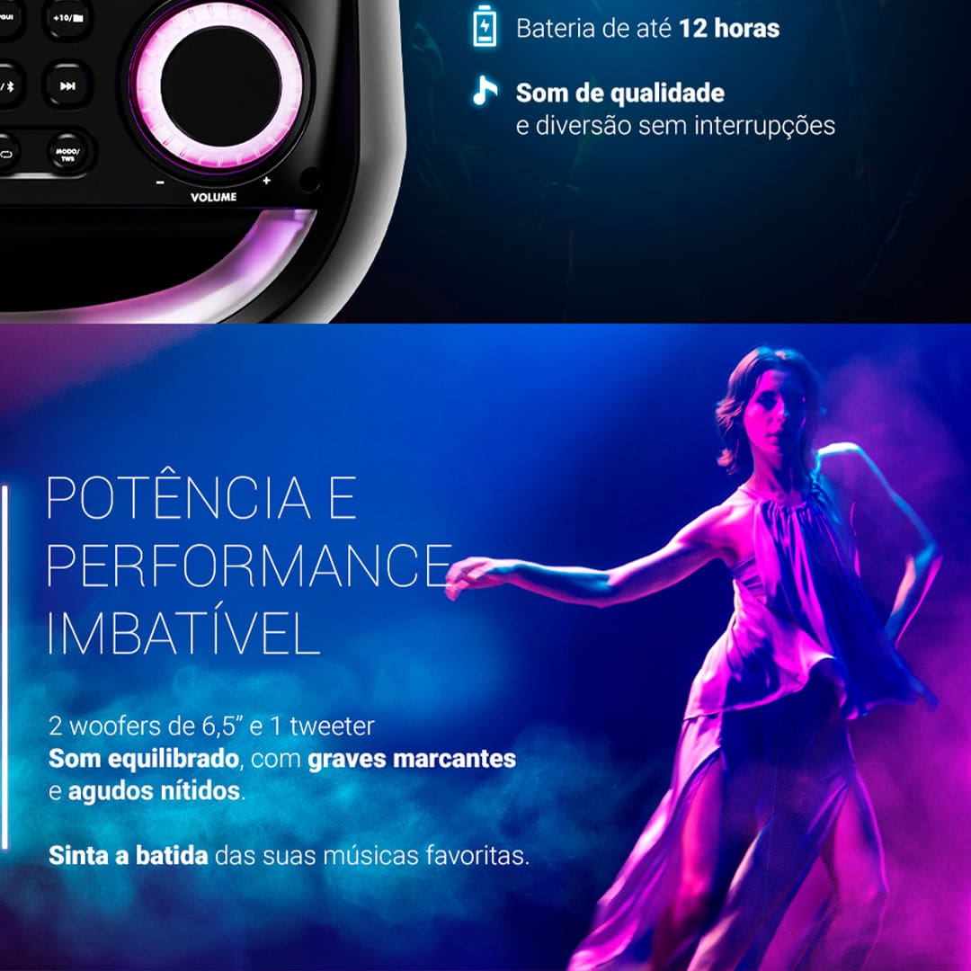 Potência imbatível para sua festa A Caixa de Som Philco PCX6702 é a escolha ideal para quem busca qualidade de som e alta potência. Com uma impressionante potência de 800W, ela se destaca como a caixa de som mais potente da sua categoria. Equipado com dois woofers de 6,5" e um tweeter, oferece graves profundos e nítidos, além de um som claro e envolvente. A tecnologia EX BASS realça ainda mais os graves, proporcionando uma experiência sonora que faz você sentir cada batida da música.