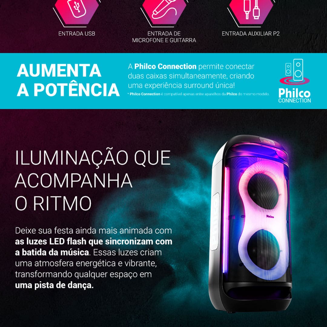 Potência imbatível para sua festa A Caixa de Som Philco PCX6702 é a escolha ideal para quem busca qualidade de som e alta potência. Com uma impressionante potência de 800W, ela se destaca como a caixa de som mais potente da sua categoria. Equipado com dois woofers de 6,5" e um tweeter, oferece graves profundos e nítidos, além de um som claro e envolvente. A tecnologia EX BASS realça ainda mais os graves, proporcionando uma experiência sonora que faz você sentir cada batida da música.