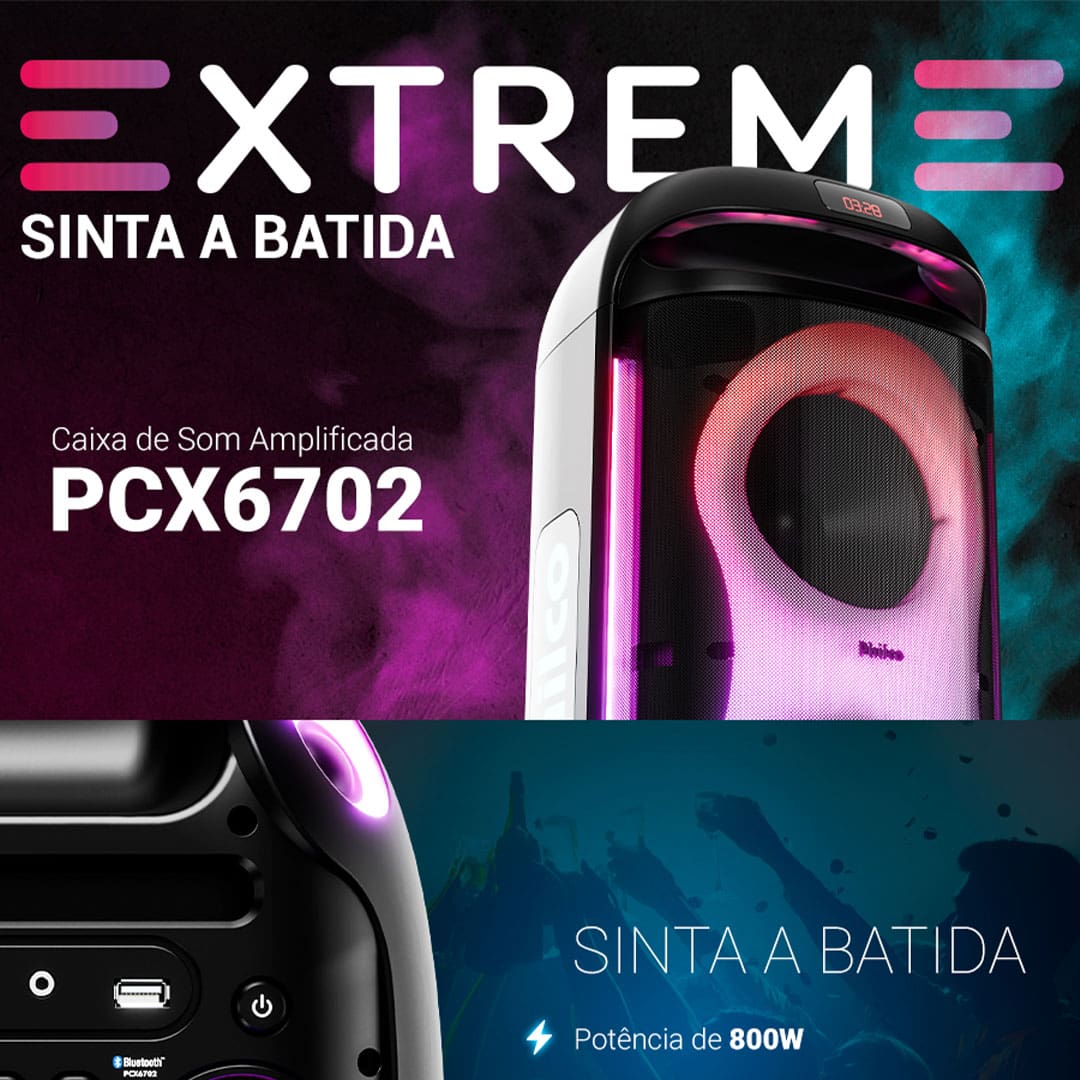 Potência imbatível para sua festa A Caixa de Som Philco PCX6702 é a escolha ideal para quem busca qualidade de som e alta potência. Com uma impressionante potência de 800W, ela se destaca como a caixa de som mais potente da sua categoria. Equipado com dois woofers de 6,5" e um tweeter, oferece graves profundos e nítidos, além de um som claro e envolvente. A tecnologia EX BASS realça ainda mais os graves, proporcionando uma experiência sonora que faz você sentir cada batida da música.