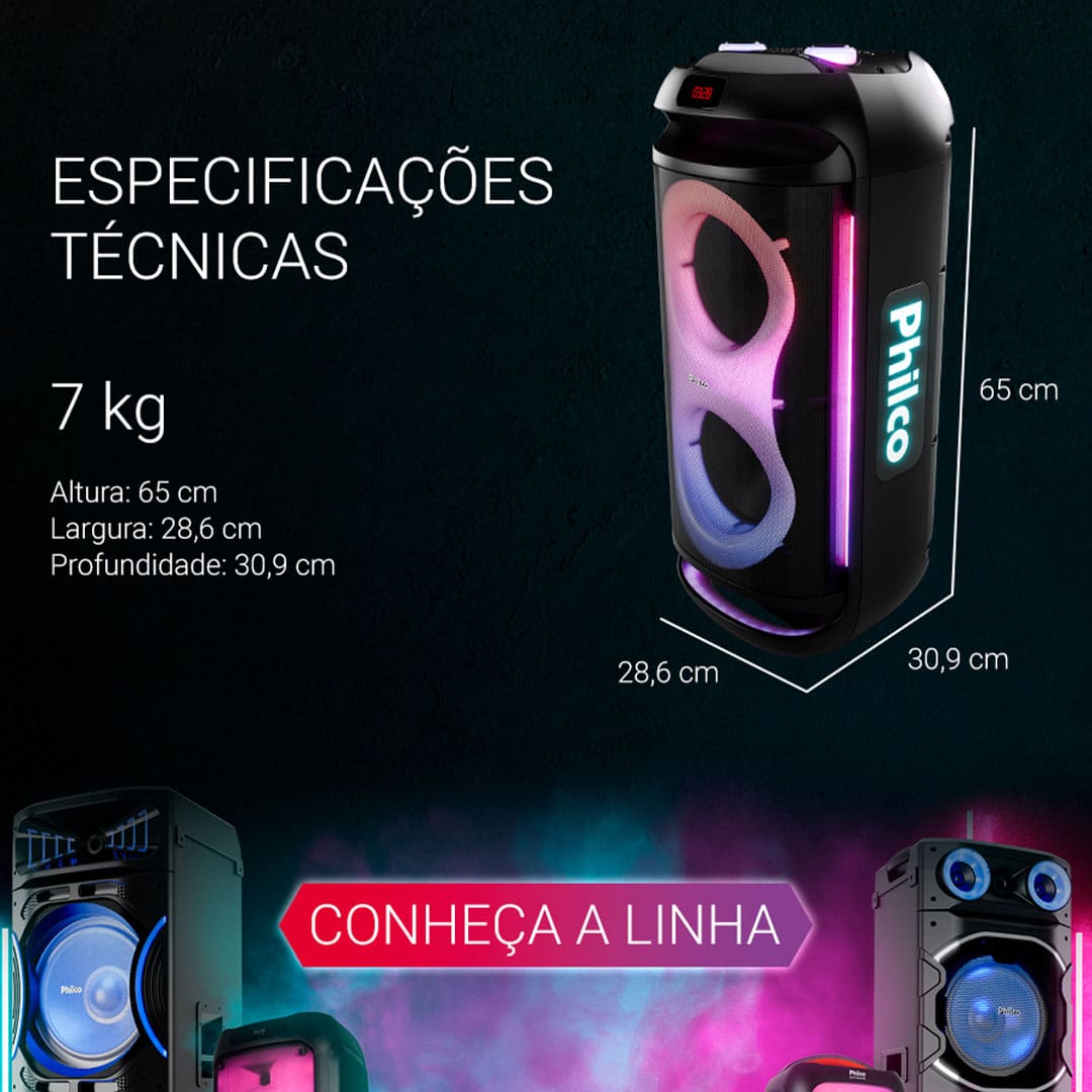 Potência imbatível para sua festa A Caixa de Som Philco PCX6702 é a escolha ideal para quem busca qualidade de som e alta potência. Com uma impressionante potência de 800W, ela se destaca como a caixa de som mais potente da sua categoria. Equipado com dois woofers de 6,5" e um tweeter, oferece graves profundos e nítidos, além de um som claro e envolvente. A tecnologia EX BASS realça ainda mais os graves, proporcionando uma experiência sonora que faz você sentir cada batida da música.