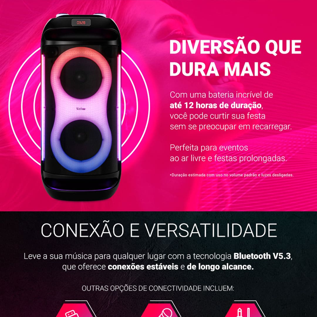 Potência imbatível para sua festa A Caixa de Som Philco PCX6702 é a escolha ideal para quem busca qualidade de som e alta potência. Com uma impressionante potência de 800W, ela se destaca como a caixa de som mais potente da sua categoria. Equipado com dois woofers de 6,5" e um tweeter, oferece graves profundos e nítidos, além de um som claro e envolvente. A tecnologia EX BASS realça ainda mais os graves, proporcionando uma experiência sonora que faz você sentir cada batida da música.