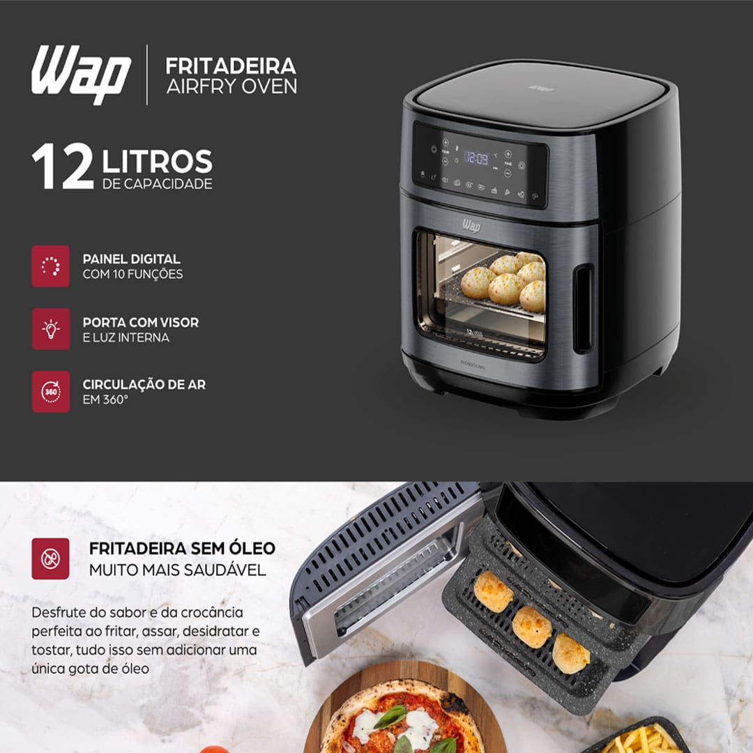 Descubra a Revolução na sua Cozinha Fritadeira Elétrica Sem Óleo Air Fryer WAP Oven é a combinação de inovação e saúde que vai transformar sua rotina culinária. Este equipamento multifuncional combina as vantagens de uma fritadeira com a amplitude de um forno convencional, permitindo que você asse, cozinhe e frite sem óleo, tudo em um único aparelho.