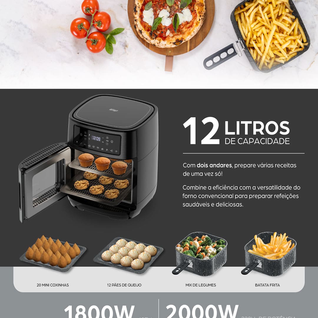 Descubra a Revolução na sua Cozinha Fritadeira Elétrica Sem Óleo Air Fryer WAP Oven é a combinação de inovação e saúde que vai transformar sua rotina culinária. Este equipamento multifuncional combina as vantagens de uma fritadeira com a amplitude de um forno convencional, permitindo que você asse, cozinhe e frite sem óleo, tudo em um único aparelho.