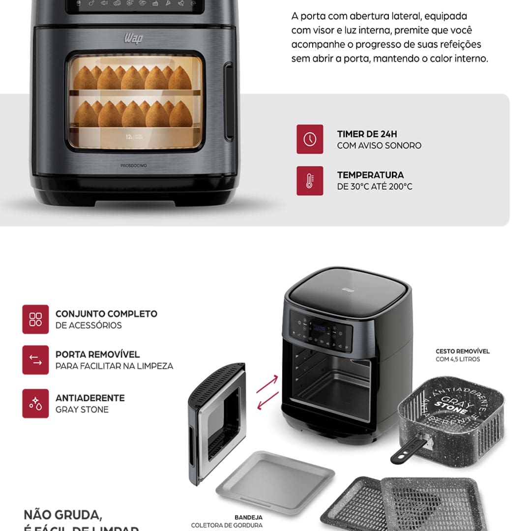 Descubra a Revolução na sua Cozinha Fritadeira Elétrica Sem Óleo Air Fryer WAP Oven é a combinação de inovação e saúde que vai transformar sua rotina culinária. Este equipamento multifuncional combina as vantagens de uma fritadeira com a amplitude de um forno convencional, permitindo que você asse, cozinhe e frite sem óleo, tudo em um único aparelho.