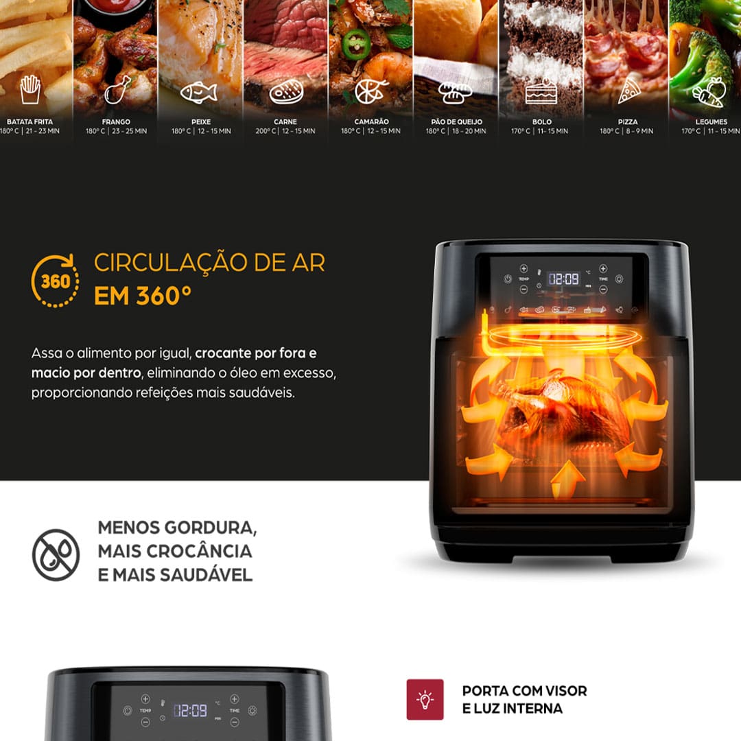 Descubra a Revolução na sua Cozinha Fritadeira Elétrica Sem Óleo Air Fryer WAP Oven é a combinação de inovação e saúde que vai transformar sua rotina culinária. Este equipamento multifuncional combina as vantagens de uma fritadeira com a amplitude de um forno convencional, permitindo que você asse, cozinhe e frite sem óleo, tudo em um único aparelho.