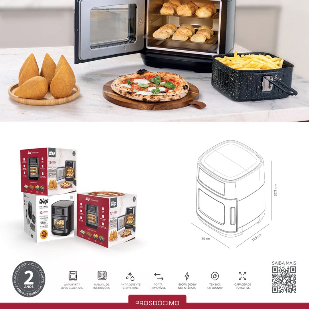 Descubra a Revolução na sua Cozinha Fritadeira Elétrica Sem Óleo Air Fryer WAP Oven é a combinação de inovação e saúde que vai transformar sua rotina culinária. Este equipamento multifuncional combina as vantagens de uma fritadeira com a amplitude de um forno convencional, permitindo que você asse, cozinhe e frite sem óleo, tudo em um único aparelho.