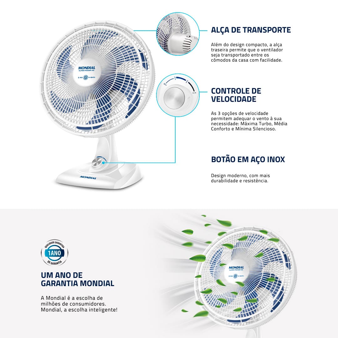 Quando o clima fica mais quente e abafado, buscamos equipamentos que façam o ar circular de uma forma intensa, para que o ambiente se torne bem refrescante. O ventilador Mondial Super Power VSP-40-W cumpre muito bem essa função, pois conta com 3 velocidades, para que o usuário possa optar, de acordo com a necessidade. São 6 pás, Sistema Oscilante e inclinação vertical regulável, características que demonstram a eficiência do aparelho!