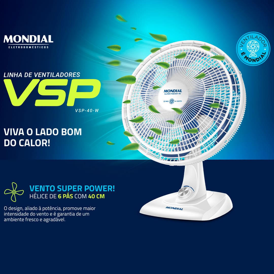 Quando o clima fica mais quente e abafado, buscamos equipamentos que façam o ar circular de uma forma intensa, para que o ambiente se torne bem refrescante. O ventilador Mondial Super Power VSP-40-W cumpre muito bem essa função, pois conta com 3 velocidades, para que o usuário possa optar, de acordo com a necessidade. São 6 pás, Sistema Oscilante e inclinação vertical regulável, características que demonstram a eficiência do aparelho!