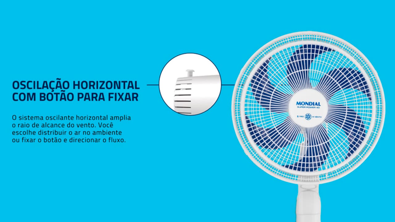 Quando o clima fica mais quente e abafado, buscamos equipamentos que façam o ar circular de uma forma intensa, para que o ambiente se torne bem refrescante. O ventilador Mondial Super Power VSP-40-W cumpre muito bem essa função, pois conta com 3 velocidades, para que o usuário possa optar, de acordo com a necessidade. São 6 pás, Sistema Oscilante e inclinação vertical regulável, características que demonstram a eficiência do aparelho!