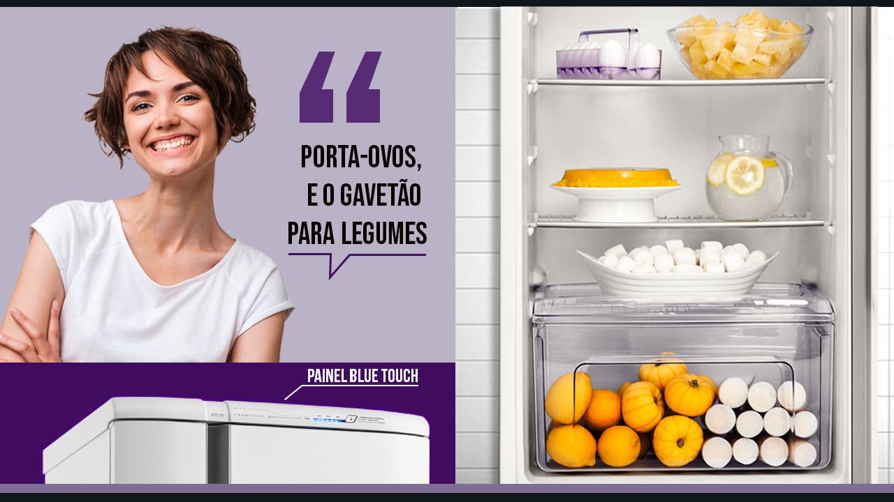 Porta-ovos e o gavetão para legumes mulher moça jovem sorrindo sorriso cabelo curto camiseta branca Geladeira Electrolux parte interna exposta visível dentro prateleiras compartimentos gaveta frutas ovos pudim guardados armazenados 