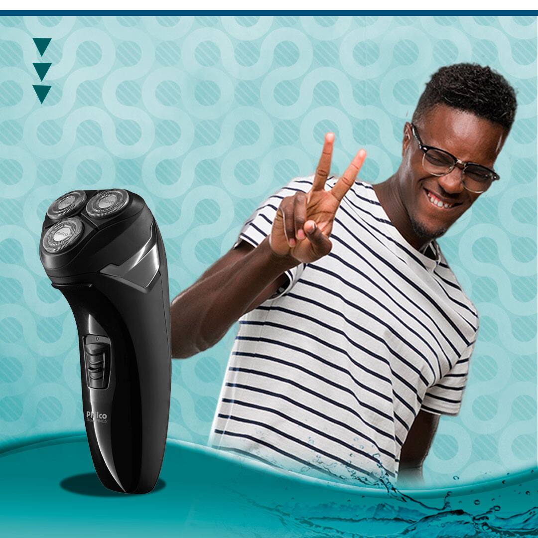 Barbeador Philco Shave PBA05. Homem comemorando ao fundo