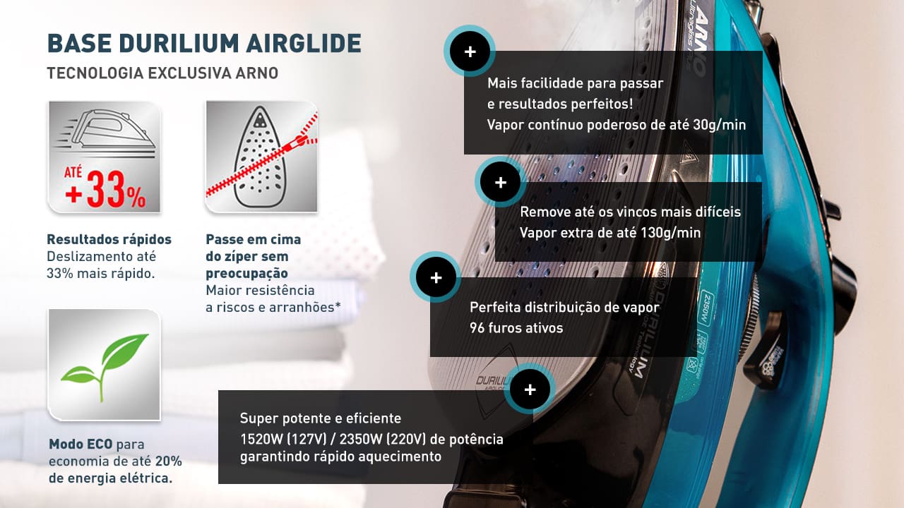Que tal facilitar aquele momento de passar as roupas? Para deixá-las impecáveis, conte com o Ferro de Passar Arno Ultragliss Plus! Ele pode ser usado no modo a vapor ou a seco, facilitando ainda mais a tarefa. Além disso, o eletroportátil possui cabo de 2 metros de comprimento, que proporciona maior liberdade de movimento, e reservatório com capacidade para 270ml de água.