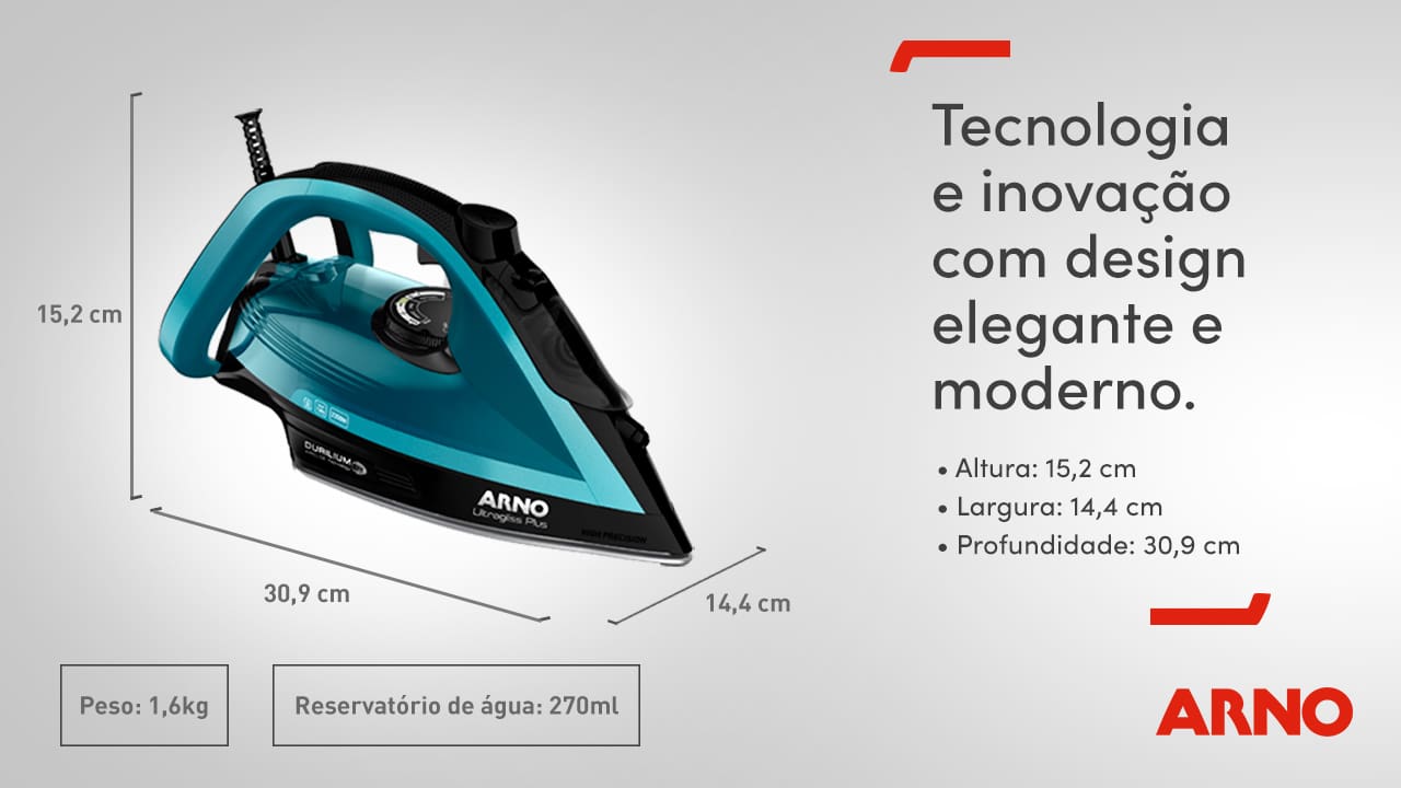 Que tal facilitar aquele momento de passar as roupas? Para deixá-las impecáveis, conte com o Ferro de Passar Arno Ultragliss Plus! Ele pode ser usado no modo a vapor ou a seco, facilitando ainda mais a tarefa. Além disso, o eletroportátil possui cabo de 2 metros de comprimento, que proporciona maior liberdade de movimento, e reservatório com capacidade para 270ml de água.