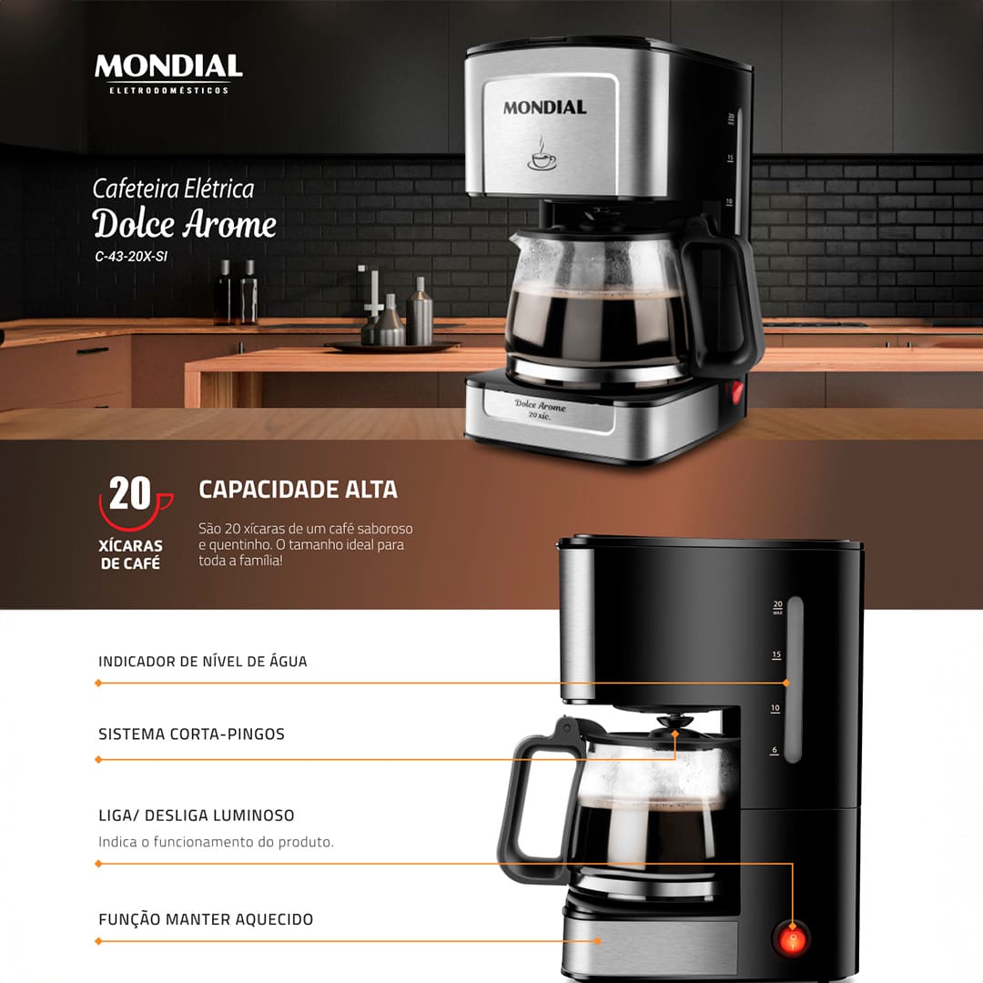 A Cafeteira Elétrica Dolce Arome da Mondial é indispensável para quem gosta de um bom café. Equipada com capacidade para 20 xícaras de café, ela possui um porta-filtro removível e reutilizável que dispensa o uso de filtro de papel. Tornando sua bebida não só mais saborosa, como também mais sustentável. Inclusive, seu sistema corta-pingos permite que você sirva bebidas quentes sem preocupações.
