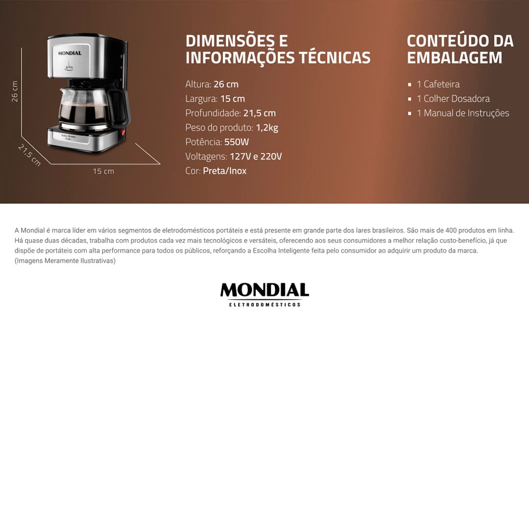 A Cafeteira Elétrica Dolce Arome da Mondial é indispensável para quem gosta de um bom café. Equipada com capacidade para 20 xícaras de café, ela possui um porta-filtro removível e reutilizável que dispensa o uso de filtro de papel. Tornando sua bebida não só mais saborosa, como também mais sustentável. Inclusive, seu sistema corta-pingos permite que você sirva bebidas quentes sem preocupações.