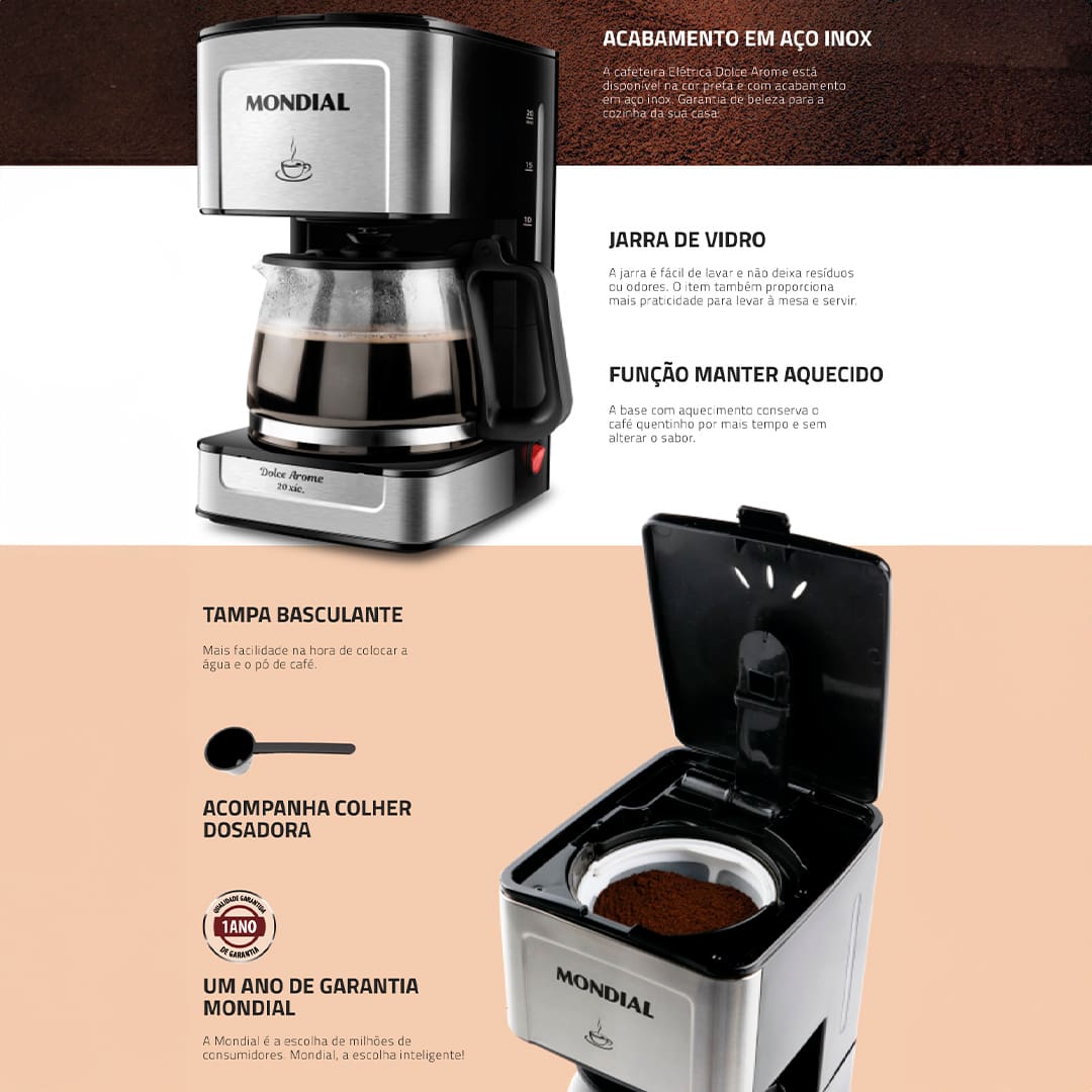 A Cafeteira Elétrica Dolce Arome da Mondial é indispensável para quem gosta de um bom café. Equipada com capacidade para 20 xícaras de café, ela possui um porta-filtro removível e reutilizável que dispensa o uso de filtro de papel. Tornando sua bebida não só mais saborosa, como também mais sustentável. Inclusive, seu sistema corta-pingos permite que você sirva bebidas quentes sem preocupações.