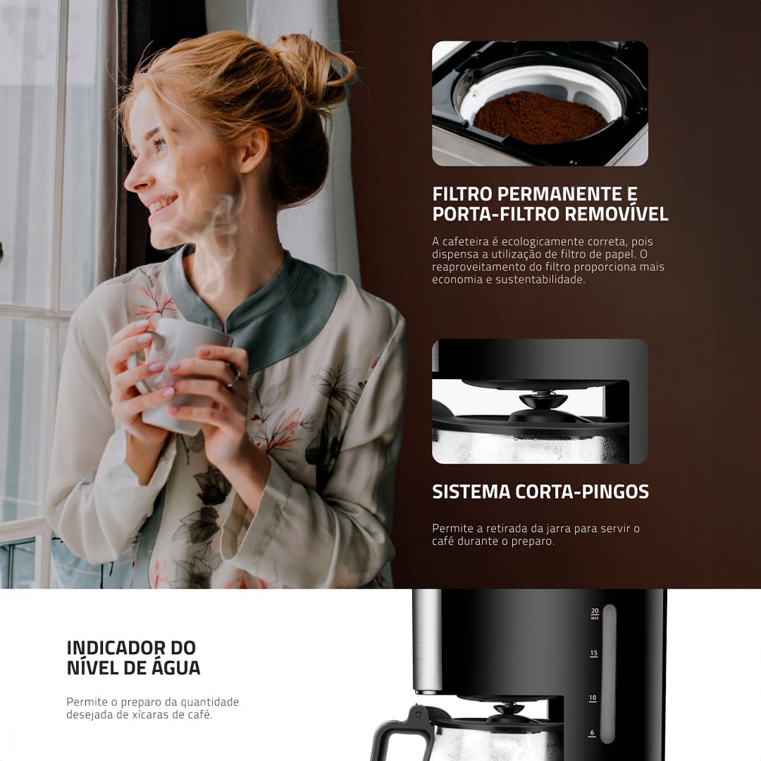 A Cafeteira Elétrica Dolce Arome da Mondial é indispensável para quem gosta de um bom café. Equipada com capacidade para 20 xícaras de café, ela possui um porta-filtro removível e reutilizável que dispensa o uso de filtro de papel. Tornando sua bebida não só mais saborosa, como também mais sustentável. Inclusive, seu sistema corta-pingos permite que você sirva bebidas quentes sem preocupações.