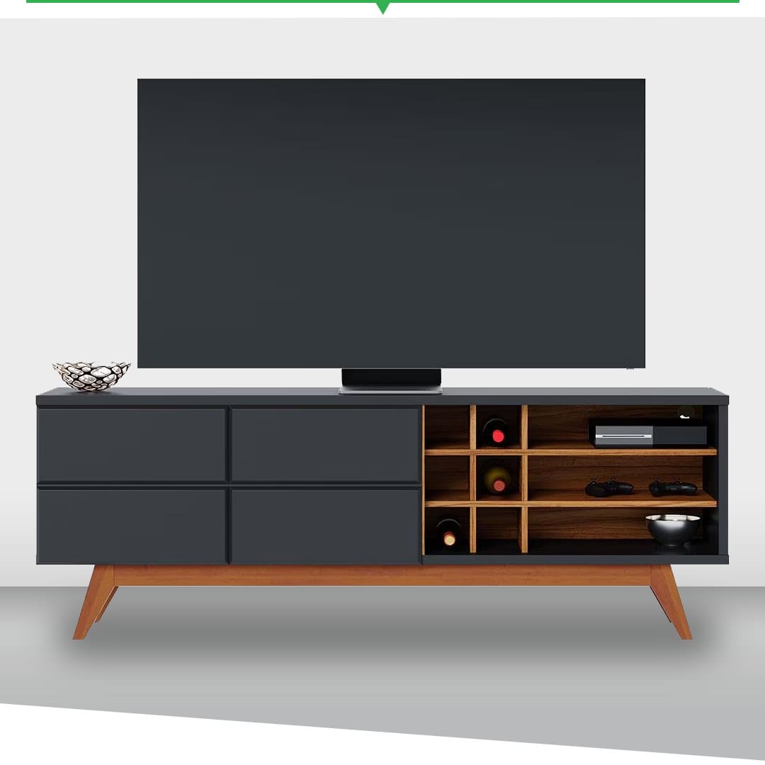 Imagem mostra o Rack Colibri Noronha nas cores preto fosco/noce milano