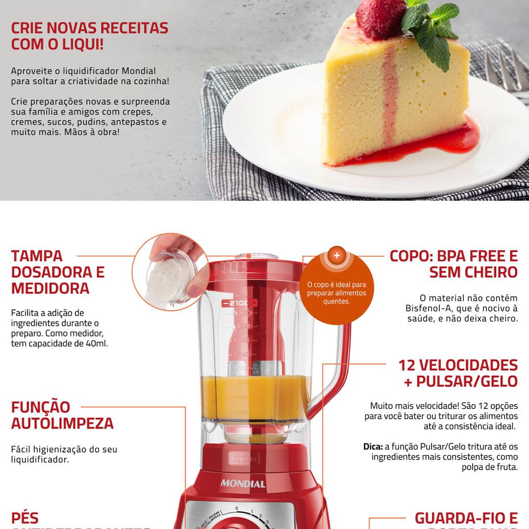  Liquidificador Mondial L1200 RI Turbo Inox Vermelho