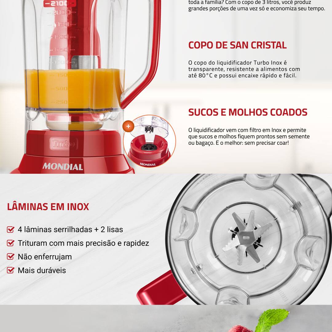  Liquidificador Mondial L1200 RI Turbo Inox Vermelho