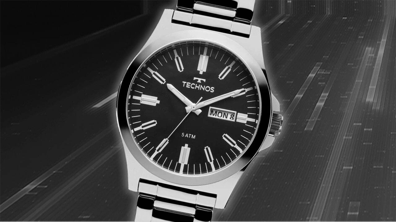 Relógio Analógico Technos Steel prata preto imagem frontal frente destaque visor mostrador