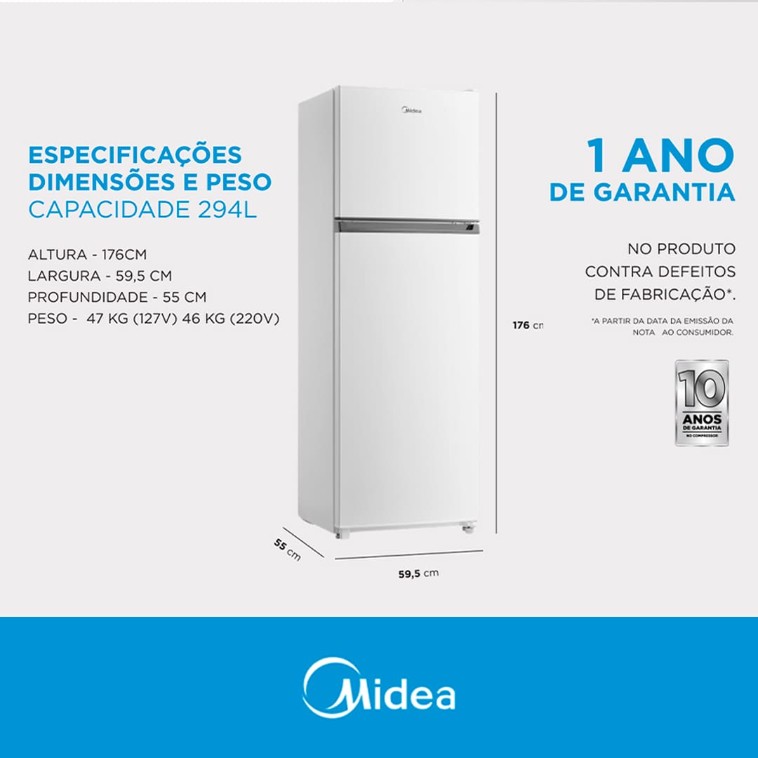 Amplo espaço para manter seus alimentos fresquinhos. Ideal para quem precisa de espaço e eficiência. Com uma capacidade total de 294 litros, sendo 69 litros dedicados ao freezer e 225 litros ao refrigerador, ela proporciona amplo espaço para armazenar todos os seus alimentos e bebidas de forma organizada. Seu design prático e moderno se adapta facilmente a qualquer cozinha.