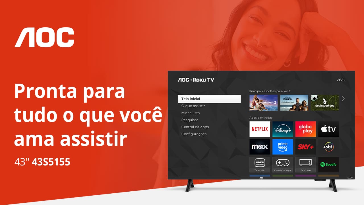 Smart TV 43” Full HD AOC 43S5155/78G Roku TV Wi-Fi Dolby Audio Preta