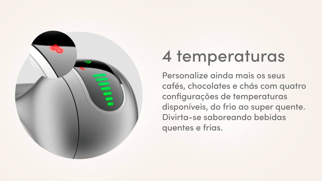 Tecnologia de ponta para bebidas perfeitas. A Nescafé Dolce Gusto Genio S Touch da Arno é uma cafeteira expresso multibebidas que oferece a versatilidade de preparar mais de 45 tipos de bebidas diferentes. Com um sistema de 15 Bars de pressão, ela garante a melhor qualidade, aroma e cremosidade, entregando resultados comparáveis aos dos melhores baristas profissionais. Seu painel Touch intuitivo permite o controle de temperatura com quatro opções distintas, desde bebidas frias até as mais quentes.