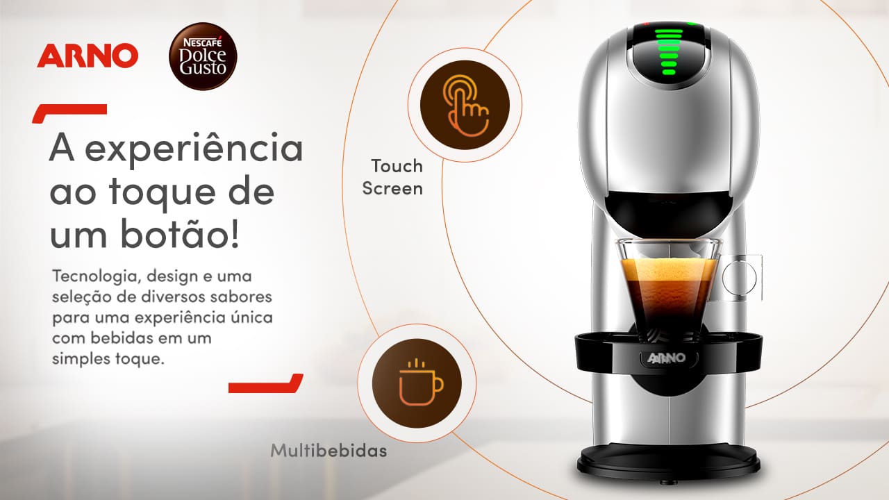 Tecnologia de ponta para bebidas perfeitas. A Nescafé Dolce Gusto Genio S Touch da Arno é uma cafeteira expresso multibebidas que oferece a versatilidade de preparar mais de 45 tipos de bebidas diferentes. Com um sistema de 15 Bars de pressão, ela garante a melhor qualidade, aroma e cremosidade, entregando resultados comparáveis aos dos melhores baristas profissionais. Seu painel Touch intuitivo permite o controle de temperatura com quatro opções distintas, desde bebidas frias até as mais quentes.