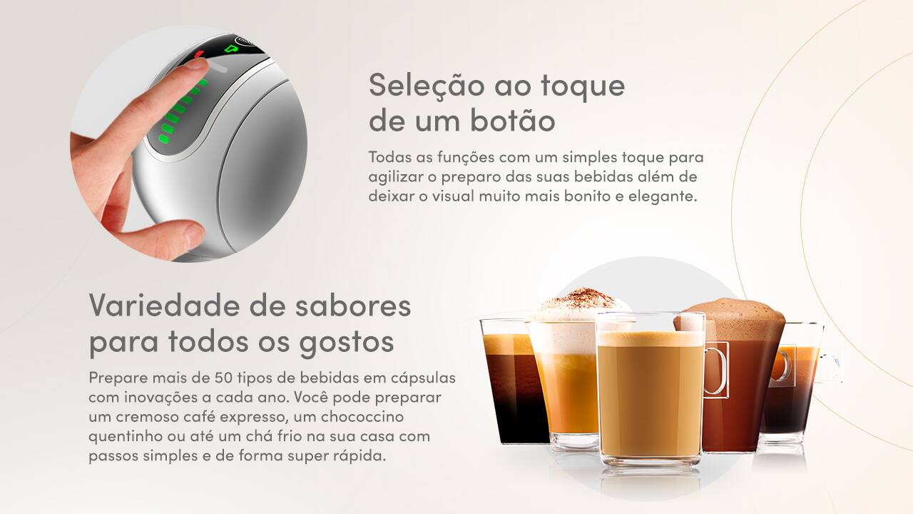 Tecnologia de ponta para bebidas perfeitas. A Nescafé Dolce Gusto Genio S Touch da Arno é uma cafeteira expresso multibebidas que oferece a versatilidade de preparar mais de 45 tipos de bebidas diferentes. Com um sistema de 15 Bars de pressão, ela garante a melhor qualidade, aroma e cremosidade, entregando resultados comparáveis aos dos melhores baristas profissionais. Seu painel Touch intuitivo permite o controle de temperatura com quatro opções distintas, desde bebidas frias até as mais quentes.