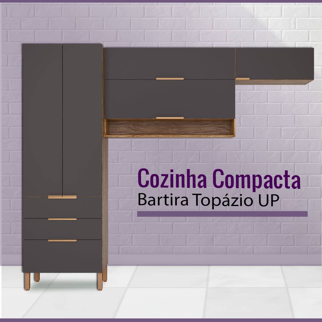 imagem frontal frente Cozinha Compacta Bartira Topázio UP cinza portas gavetas fechadas fundo parede tijolos quadrados