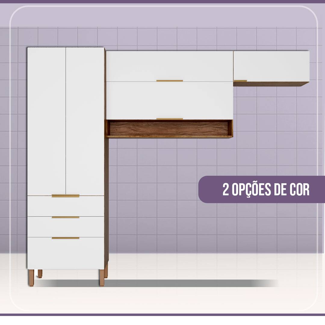 duas opções de cor imagem frontal frente Cozinha Bartira Topázio UP branca branco portas gavetas nicho marrom madeira