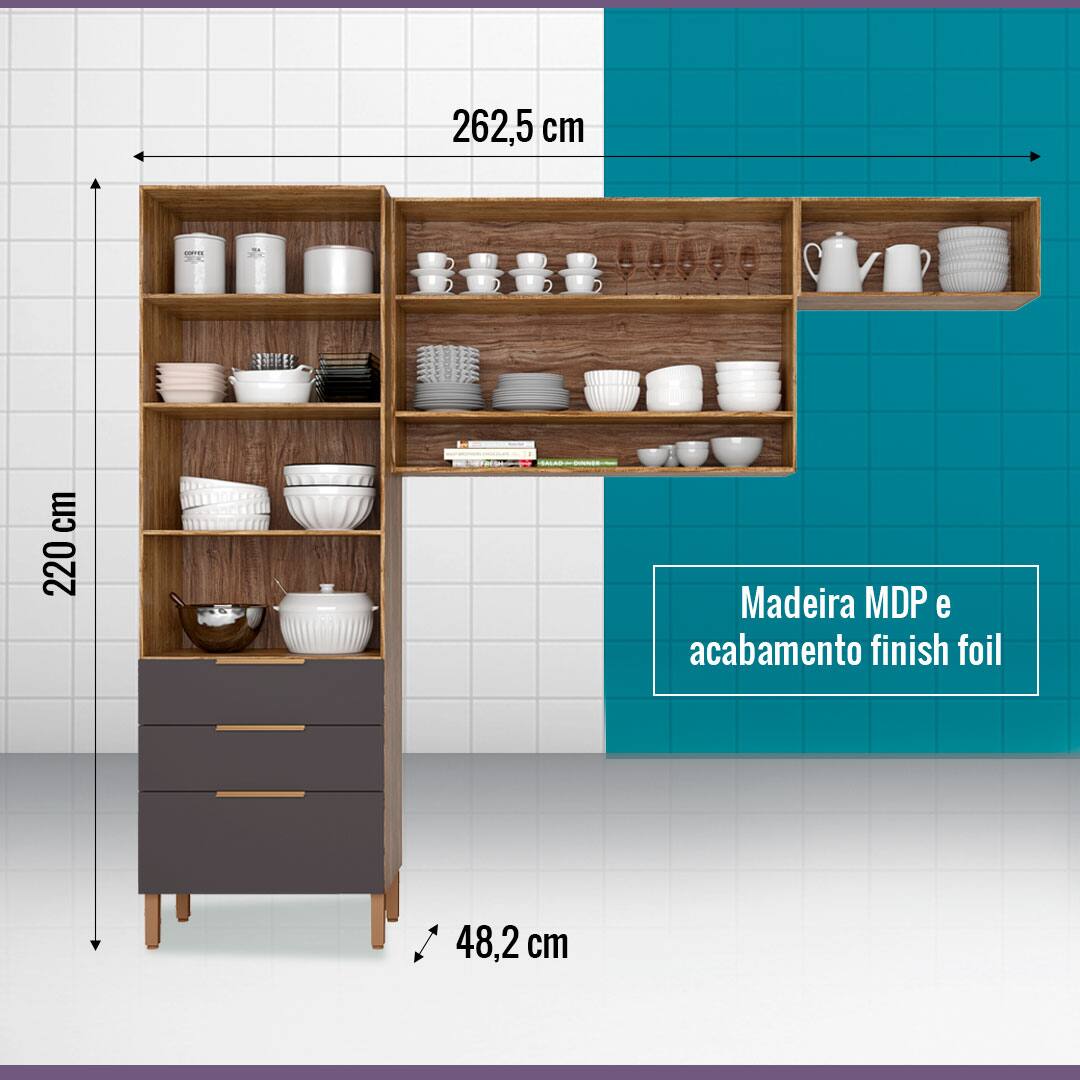 Madeira MDP e acabamento finish foil imagem frontal frente Cozinha Bartira Topázio sem portas parte interna exposta à vista utensílios domésticos expostos brancos pratos potes panelas xícaras taças bule pratinhos livros flechas indicativas tamanho dimensões comprimento altura centímetros cm fundo parede branco verde