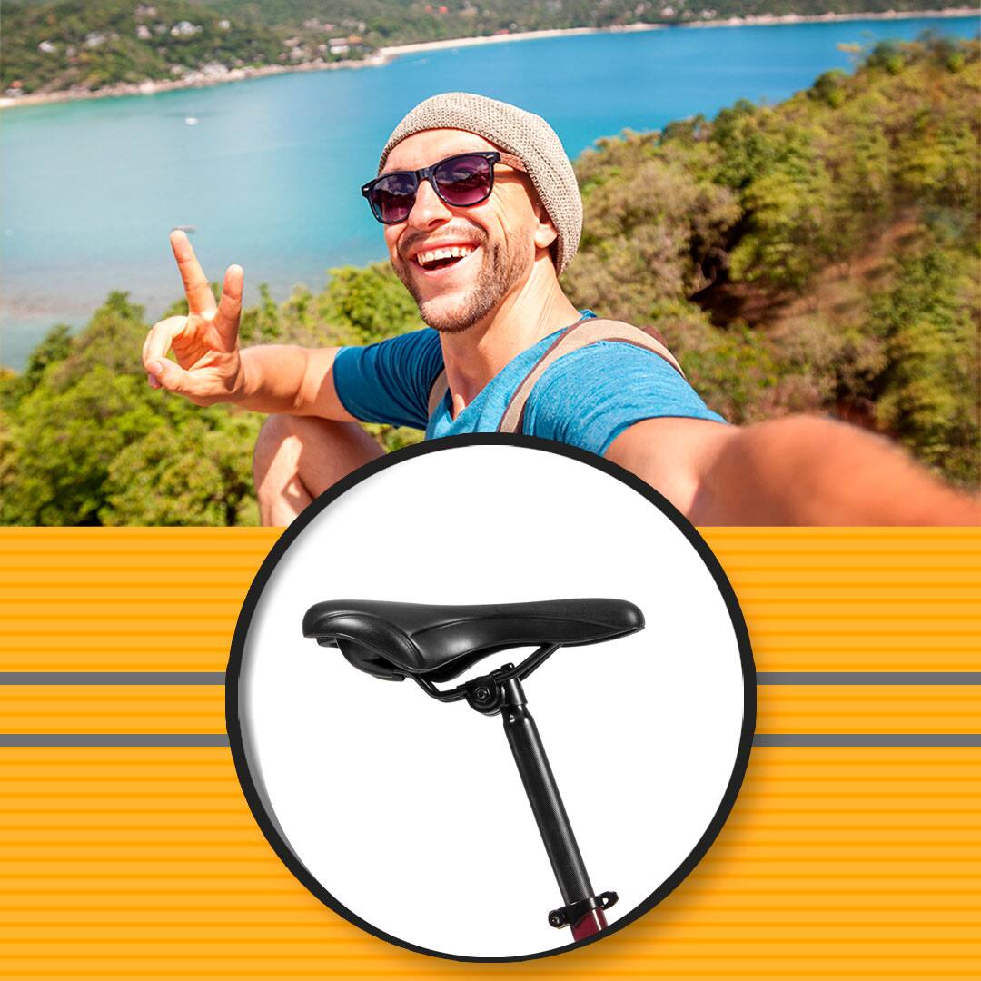 banco selim assento bike rapaz homem toca touca boina óculos escuro selfie panorâmica vista do mar água selva árvores natureza sol