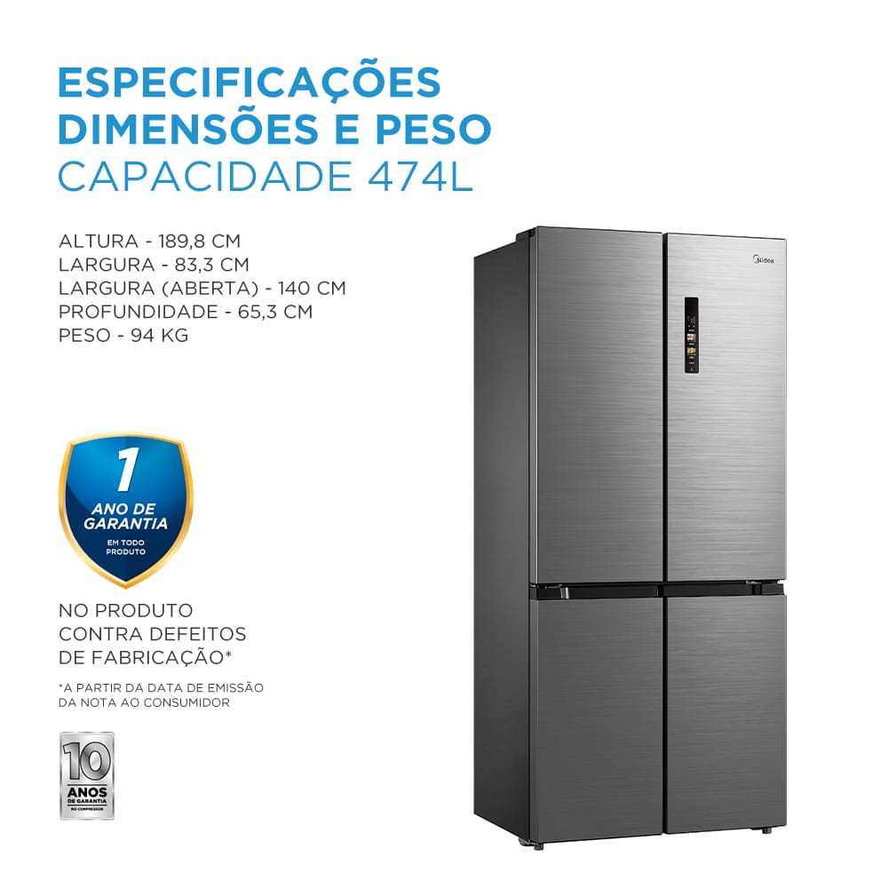 Experimente a inovação da Geladeira Multidoor com 474 litros Inverter A geladeira French Door Frost Free com 4 portas da Midea, além de ser moderna e inteligente, também oferece capacidade para 474 litros. Ela possui compressor inverter, que traz baixo consumo de energia, melhor conservação dos alimentos, baixo ruído e resfriamento rápido. Além disso, é Flexi-volt, funcionando tanto em 127V quanto em 220V, e possui classificação A+++ no Inmetro.